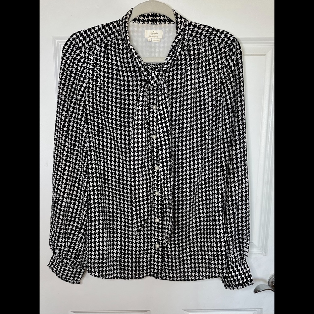 Kate Spade Houndstooth Long Sleeve Blouse with Pearl Buttons